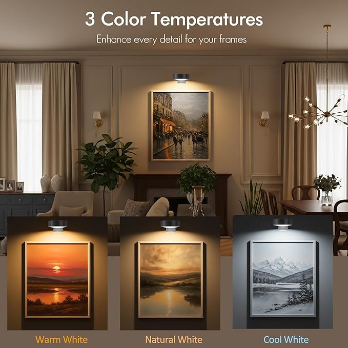 3-Pack Picture Lights for Wall, Rechargeable Battery Operated LED Painting Light with Remote Control Dimmable & Timer, 3 CCT Magnetic Art Display Lighting, Wireless Wall Decor Puck Light, Black