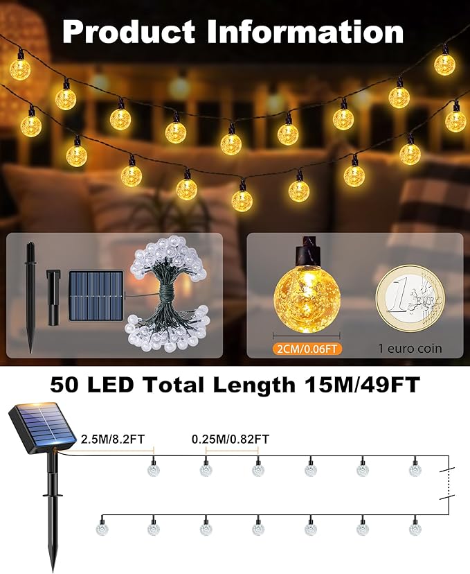 btfarm 2 Pack Solar String Lights Outdoor Waterproof, Total 98 FT 100 LED Solar Powered Patio Light, 8 Lighting Modes Crystal Globe Decorative for Garden Balcony Yard Porch Party, Warm White