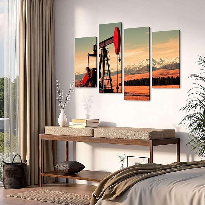 Canvas Wall Art Prints Pictures Oil Gas Pump Mountains Framed Posters Modern Wall Painting Artwork Gift Home Decor for Living Room Ready to Hang 4 Panel
