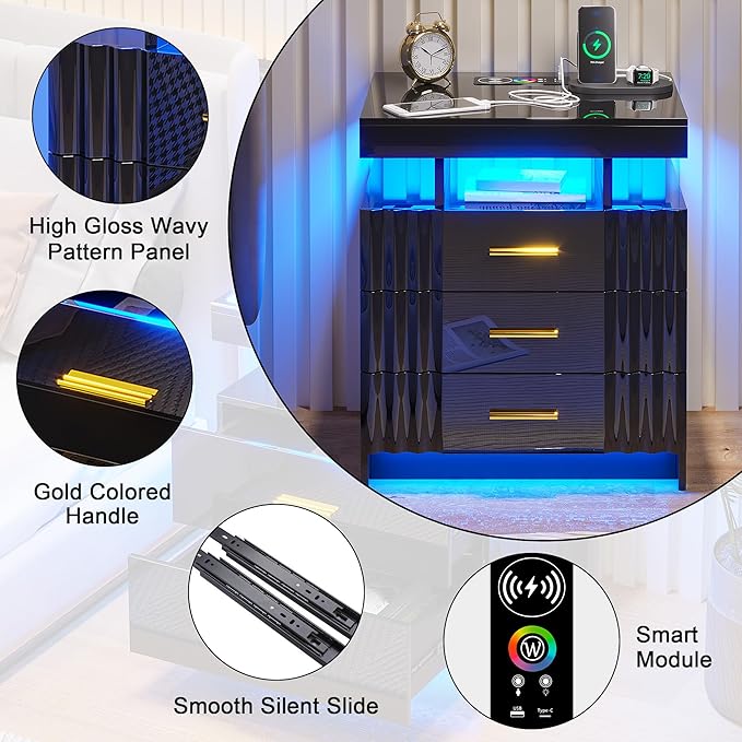 HNEBC LED Nightstand,Black Nightstand with Charging Station-USB+Type-C+Wireless Charging,Smart Bedside Table has Auto Sensor, High Gloss Night Stand with 3 Drawers for Bedroom