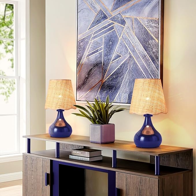 Navy Blue Small Table Lamp, Mini Bedroom Lamps for Bedside Nightstand, Rattan Shade Small Table Lamps for Small Spaces for Kitchen Counter, Bookshelf, Home Office, Living Room, Dorm