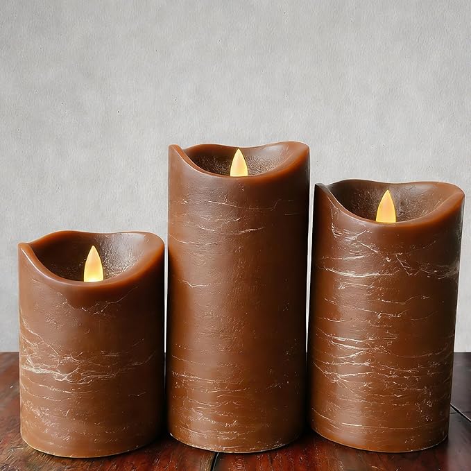 Real Wax Flameless Candles Set of 3 (D 3" x H 4" 5" 6") Battery Operated LED Candle with Timer Home Decorative Pillar Flickering Lights,Wedding Party Events Decor,Brown