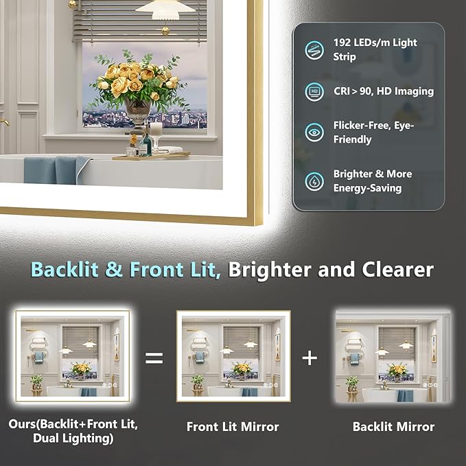 40x36 Gold LED Bathroom Mirror with Lights, Brushed Gold Framed Backlit and Front Lit Anti-Fog Lighted Vanity Mirrors for Bathroom Wall, Dimmable, 3 Colors, Memory, HD Tempered Glass, CRI＞90