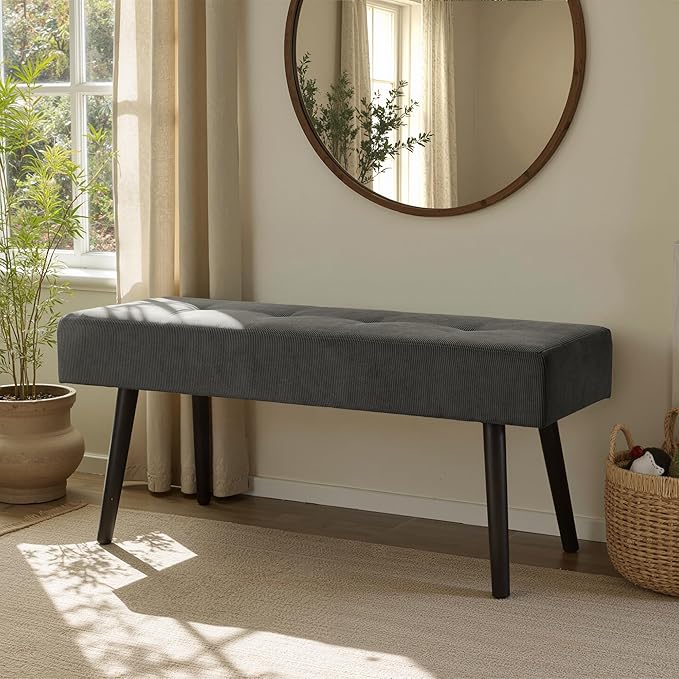 Entryway Bench - Grey Bench for Bedroom, Modern Ottoman End of Bed, Corduroy Padded Benches for Living Room, Foyer, Mudroom, Hallway - 39" L x 14" W x 17" H