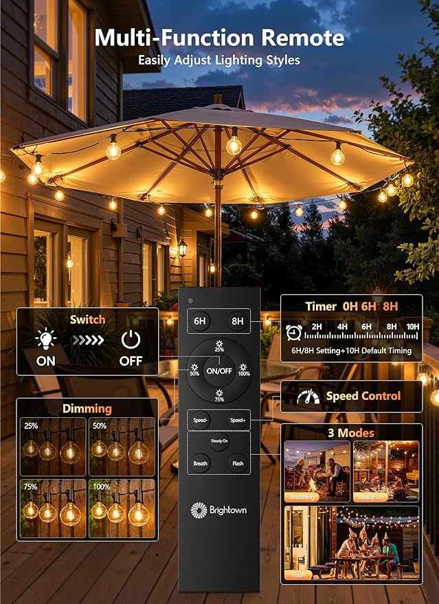 Brightown Outdoor String Lights, 74FT Shatterproof LED Patio Lights with 22 Dimmable Plastic G40 Bulbs, 2700K Waterproof Connectable Hanging String for Backyard, Cafe, Porch, Deck, Home Decor
