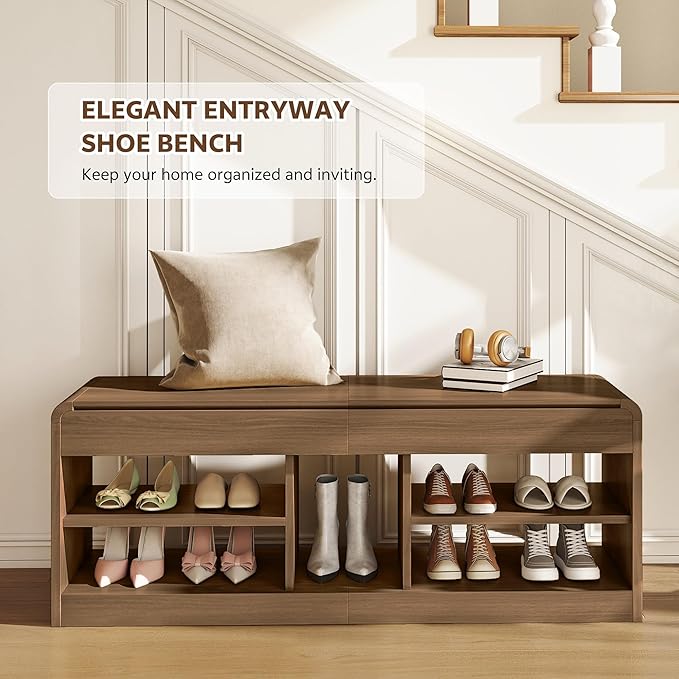 Shoe Storage Bench, 47.2in Entryway Bench with Flip-Open Storage Box, 2 Tier Shoe Rack Organizer with Shelf, Entryway Cabinet for Hallway Living Room Bedroom, Walnut