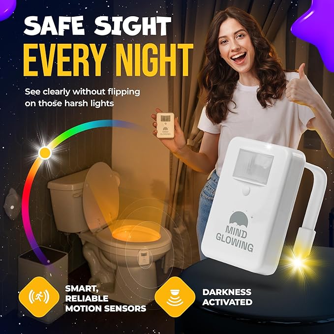 Mind-Glowing Toilet Light with Motion Sensor - Toilet Bowl Night Light with Color Changing LED, Dimmer - Funny Gag Gift for Men, Women, Dad, Mom - Kids Bathroom Accessories for Potty Training