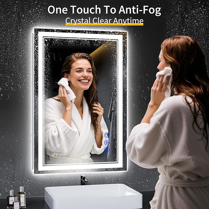 36"x24" LED Bathroom Mirror with Anti-Fog, Stepless Dimmable Lights, 3 Color Modes, Shatter-Proof Tempered Glass,Waterproof Design