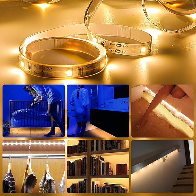 HOUHUI Motion Sensor LED Light Strip, 2PCS 9.8Ft Motion Sensor Light Indoor with Automatic Shut-Off Timer, Motion Activated Bed Lights Under Cabinet Lighting Kit for Bedroom Home Hallway-Warm White