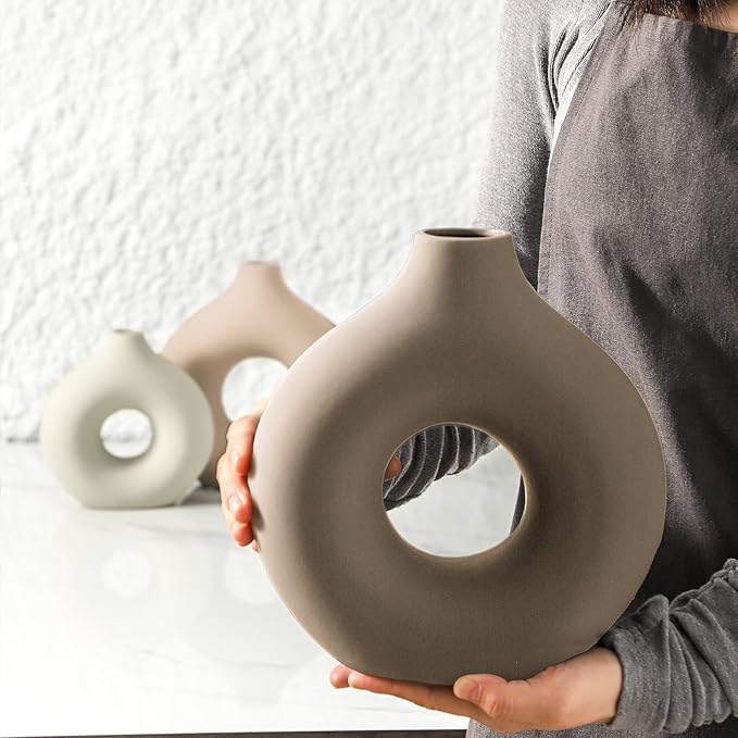 Ceramic Vase Home Table Decor - Flower Vases Set of 3 Small Living Room Centerpiece Decorations for Shelf Bedroom Office Kitchen Dining Desk Modern Aesthetic Farmhouse Decorative (Farmhouse)
