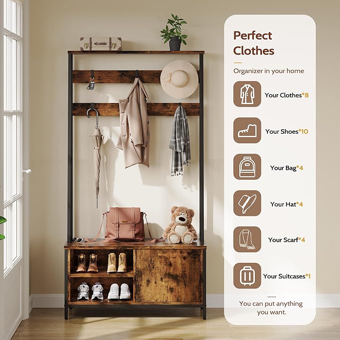 Hall Tree With Bench and Shoe Storage, Coat Rack With Shoe Storage, Wood Look，Coat Rack With Bench，Industrial Style, Large 6 Hooks, 31.5" X 15.8" X 71" Retro Brown Color