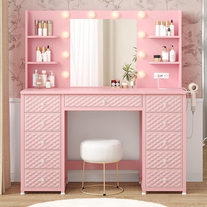 Pink Vanity with Lights and Mirror, 11 Drawer Makeup Vanity with Power Strip, 6 Open Shelves, 43.3” Vanity Desk with Storage, Dressing Table with 3 Color Modes for Bedroom, Women, Girls (Pink)