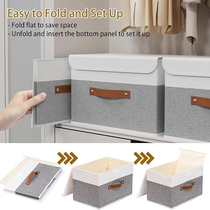 Yawinhe Storage Boxes with Lids, Linen Fabric Bin, Cube Organizer Basket, Washable and Leather Handle, for Home, Closet, White/Grey, 15.0''Lx9.8''Wx9.8''H, 7-Pack, USNK024WGL-7