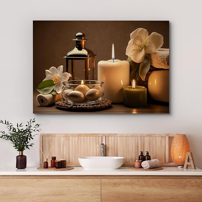 wall26 Canvas Print Wall Art Spa Candle White Amaryllis Flower Nature Wilderness Photography Realism Modern Art Decorative Multicolor Rustic Minimal Relax/Calm/Cozy Colorful for Bedroom - 32"x48"