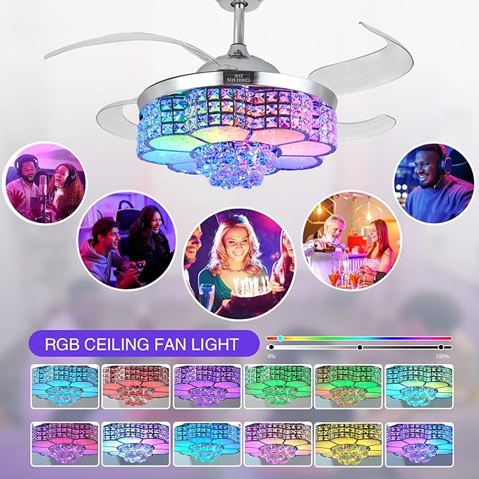BAYSQUIRREL 42-inch Retractable Ceiling Fan with Light and Remote/APP Control, Bluetooth Ceiling Fans with Speaker, RGB-LED Light 6 Speeds Reversible Blades,Flush Mount Chandelier Crystal Ceiling Fan