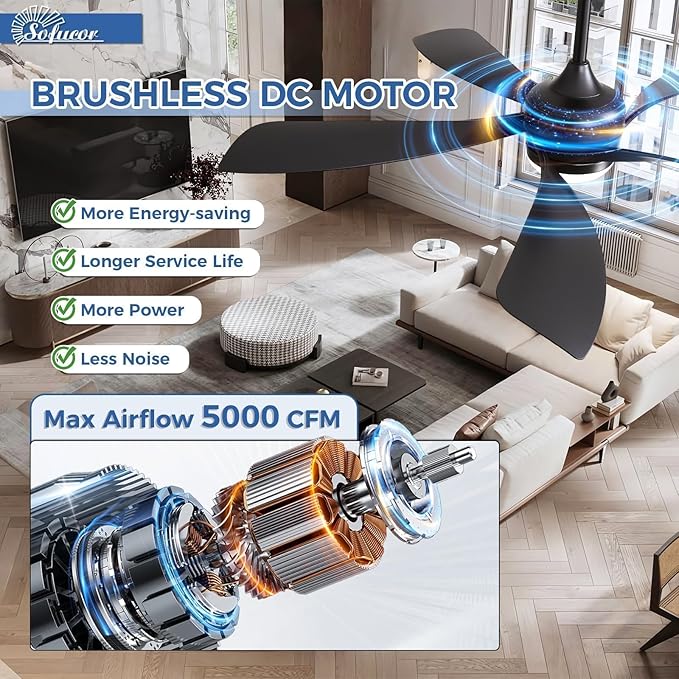 Sofucor 52 Inch Ceiling Fans with Lights and Remote, Outdoor Ceiling Fan with Light 6-Speed 3 CCT 3-Timer, Black Low Profile Ceiling Fan 5 Blade Reversible DC Motor for Living Room Bedroom Patio