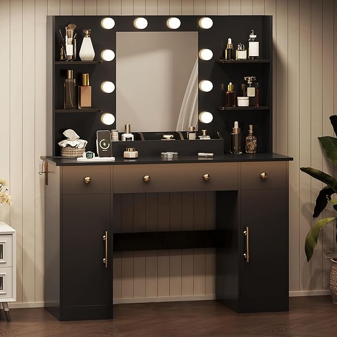 Vanity Desk with Mirror and Lights, Makeup Vanity with Mirror and LED Lights & Power Outlet, 3 Drawers and Cabinets, 3 Lighting Modes Dressing Table Set for Girls Women Bedroom,Black