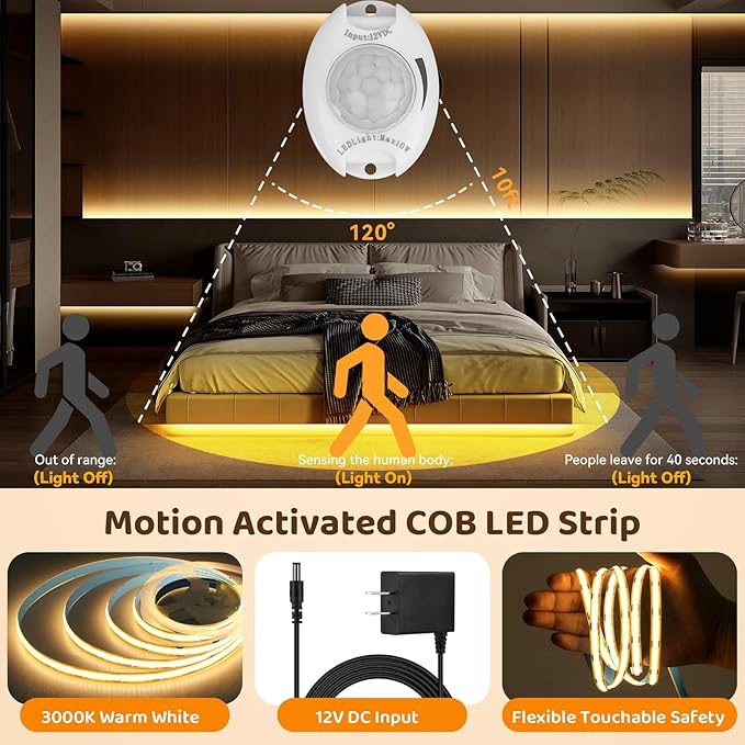 Motion Activated COB LED Strip Bed Lights, 2 x 6.56Ft Warm White COB LED Strip Motion Sensor Under Bed Lights,12V Dimmable Motion Sensor Night Light Strip Indoor for Under Cabinet Closet Stair