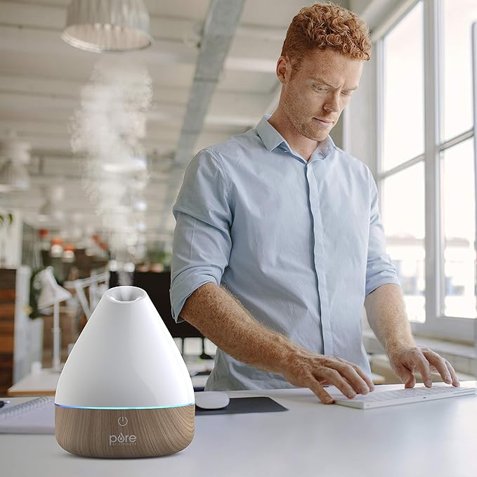 Pure Enrichment PureSpa Natural Aromatherapy Oil Diffuser (White) - Ultrasonic Air Deodorizer with 200ml Water Tank, Wood-Grain Accents, Soft Color-Changing Lights, and Auto Safety Shut-Off