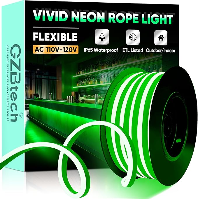GZBtech Flexible LED Neon Rope Lights 16.4FT, 110-120V Waterproof Strip Light,120 LEDs/M Cuttable Connectable Neon Lighting for Indoor Outdoor Home Decor/Commercial Building Use-Green 5M, ETL Listed