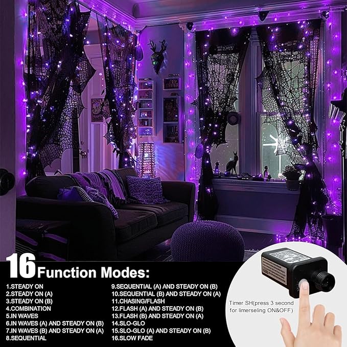 LAMPHOME 33ft 100 LED Purple Christmas Lights Outdoor Waterproof, Purple String Lights Plug in, 16Modes Twinkle Christmas Tree Lights, Halloween Decorations for Party Carnival Supplies Yard Garden
