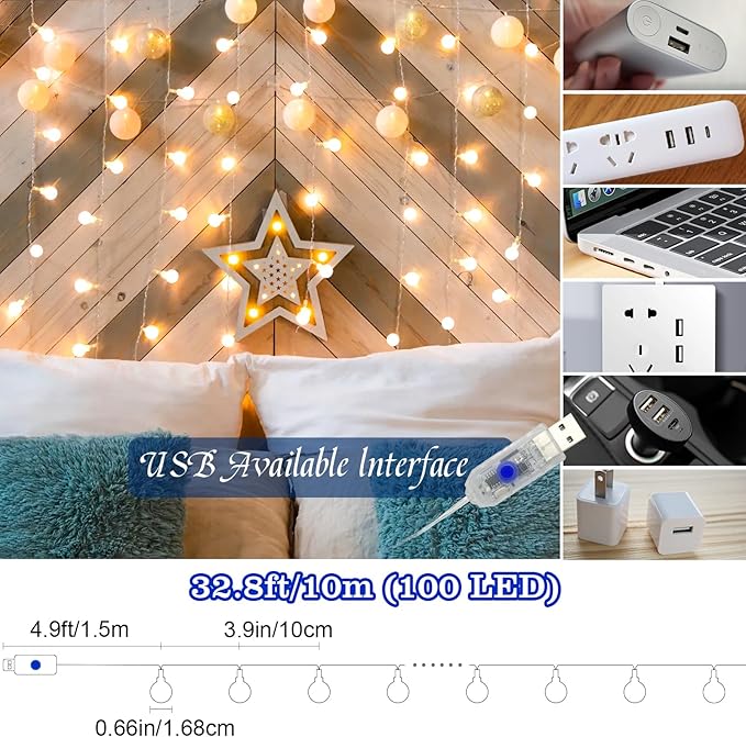 Globe String Lights 38ft 100 Led Indoor USB Ball String Lights Plug in Fairy Lights with Remote Timer Dimmable 8 Mode for Bedroom Dorm Birthday Party Camping Wedding Christmas Decorations, Warm White