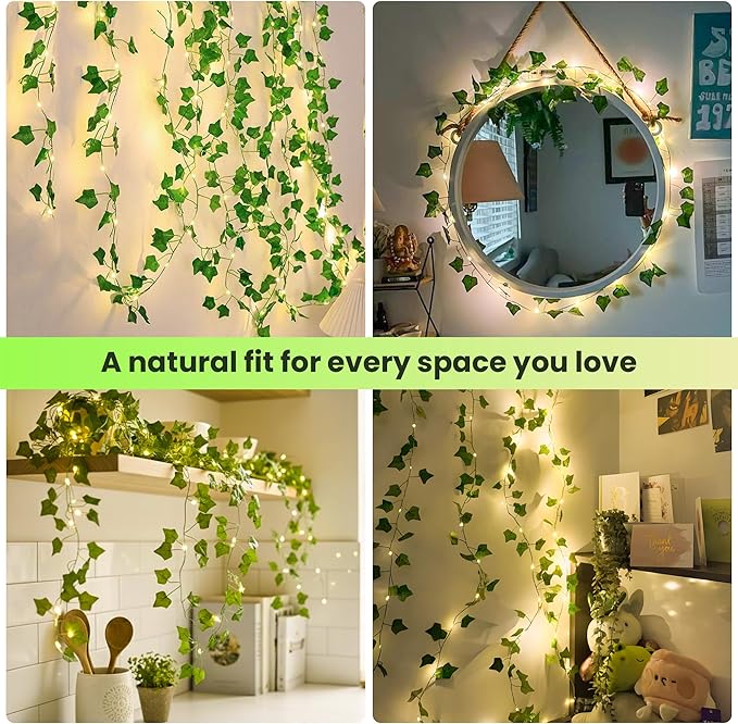 Vine Leaf with Fairy Lights, 23FT 73 LED Lighted Ivy Spring Garland Lights, Battery or USB Powered for Dorm Room, Bedroom & Creative Wall Decor, Warm White