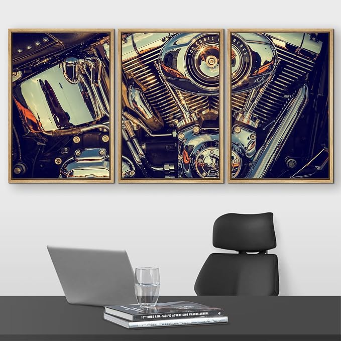 wall26 Framed Canvas Print Wall Art Set Close Up of Chrome Motorcycle Engine Transportation Vehicle Realism Chic Scenic Colorful Ultra for Living Room, Bedroom, Office - 16"x24"x3 Natural