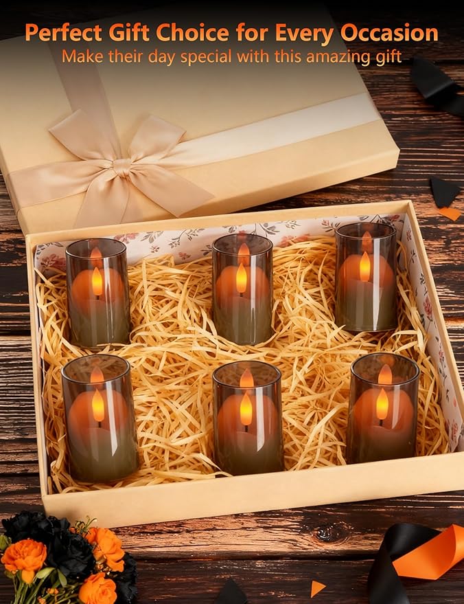 Rechargeable Operated Acrylic LED Tealight with Remote Control and Timer，Gary Flickering Flameless Candles for Home Decor, Valentines, Holidays (Set of 6