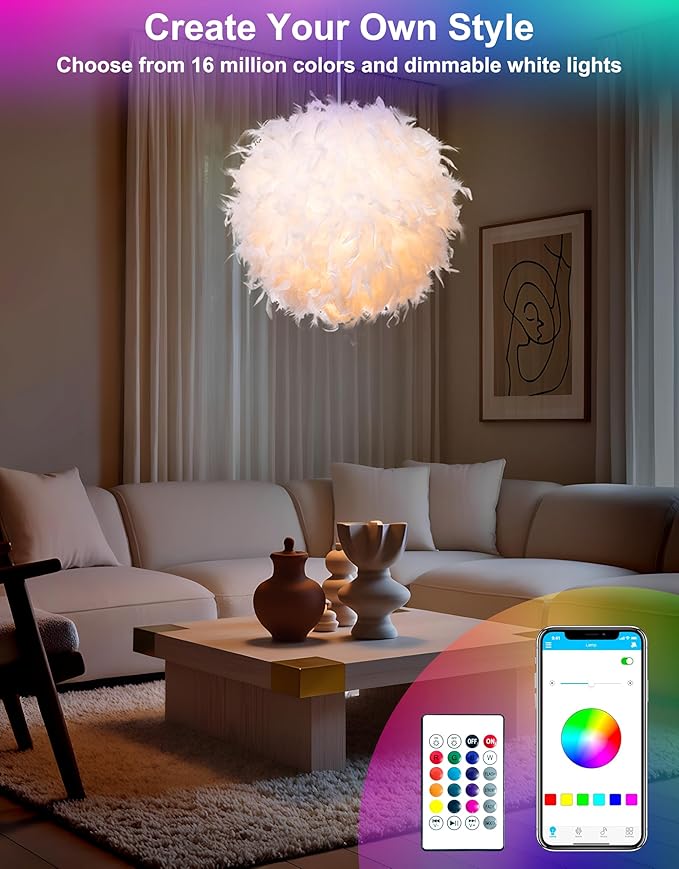 Feather Lamp Shade with Smart RGB Light Bulb, Built-in Bluetooth Speaker, Remote & APP Control, Fluffy Girl Room Decor, 600 Lumens, 19.7inches, White
