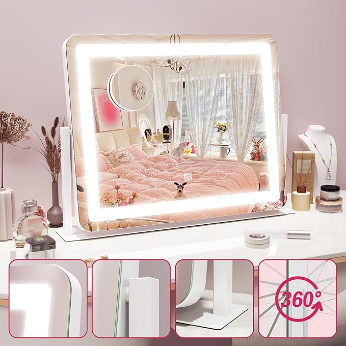 HNV 22"x17" Vanity Mirror with Lights, LED Makeup Mirror with 3 Color Modes & Dimmable Touch Control, 360° Rotation, Aluminum Frame, Large Lighted Mirror for Bedroom or Dressing Table