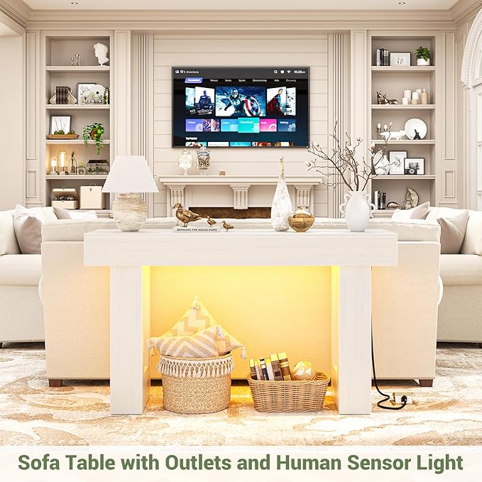 Unikito 47" Entryway Table with Socket and Sensor Light, Narrow Console Table with Storage Behind Couch, Farmhouse Entry Way Tables with Open Storage for Entrance/Hallway/Living Room, Antique White