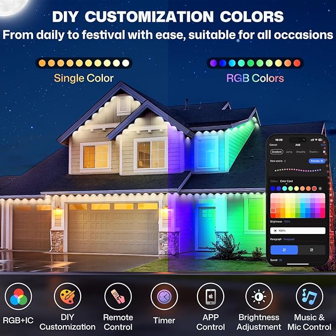Permanent Outdoor Lights, DIY RGB+IC 100FT Smart Eave Lights with App Control, Support Alexa and Google Assistant, 72 Scene Modes Outdoor Light for Holiday Decorations, Ceiling Lights