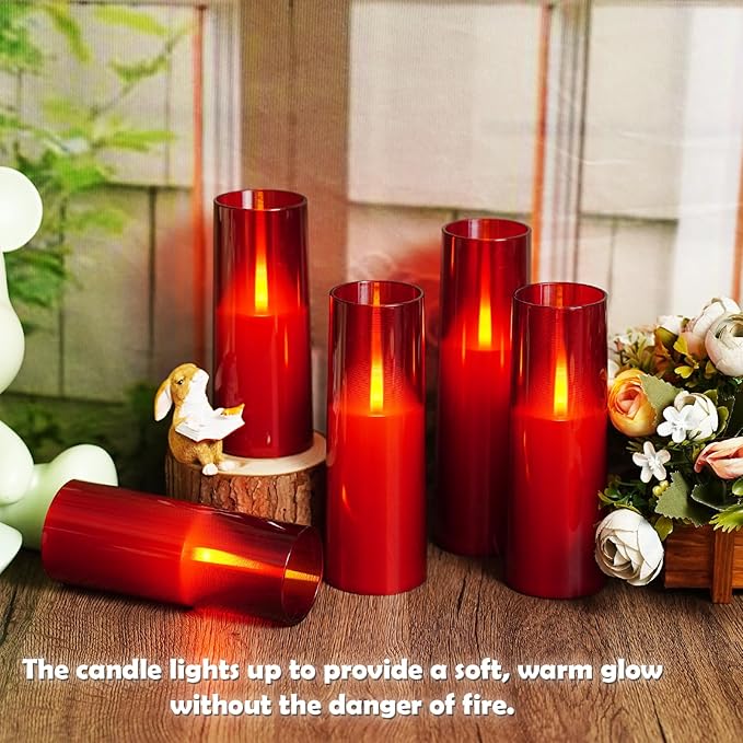 Flameless LED Candles Upgraded Realistic Flickering Flame,7Pcs Battery Operated Candles with Remote Timers,LED Pillar Candles for Home Decor,Christmas,and Parties(Red)