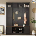 Modern 55‘’ Wide Hall Tree with 6 Hooks, Wood Brown Grain Minimalist Shoe Cabinet with Adjustable Shelves, Versatile Entryway Coat Rack for Living Room Hallway (Black-11A)