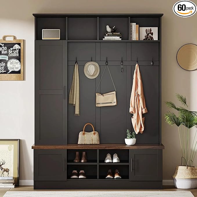 Modern 55‘’ Wide Hall Tree with 6 Hooks, Wood Brown Grain Minimalist Shoe Cabinet with Adjustable Shelves, Versatile Entryway Coat Rack for Living Room Hallway (Black-11A)