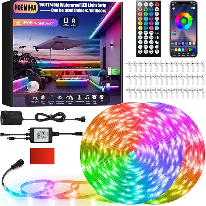 150Ft Outdoor LED Strip Lights,IP68 Waterproof Color Changing RGB LED Light Strips with IR Remote and APP,24V Music Sync Led Rope Lights,Flexible Outdoor DIY Tape Lights for Balcony Deck Garden-150ft