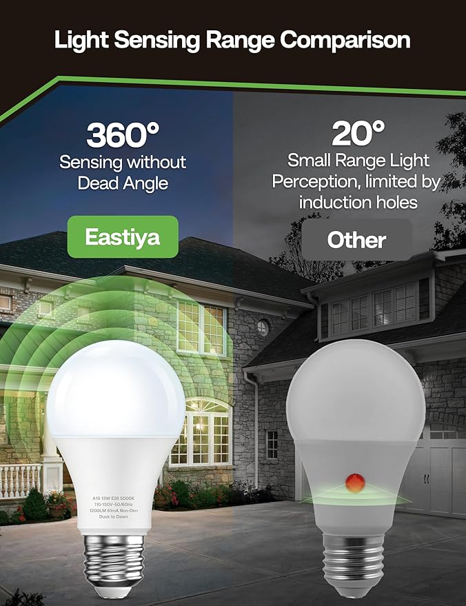 Dusk to Dawn Sensor LED Outdoor Light Bulb, Daylight White 5000K, A19 13W(100 Watt Equivalent) Bright Porch Lighting, 1200LM, Auto-On/Off Photocell Sensor for Garage Yard Patio Garden-4 Pack