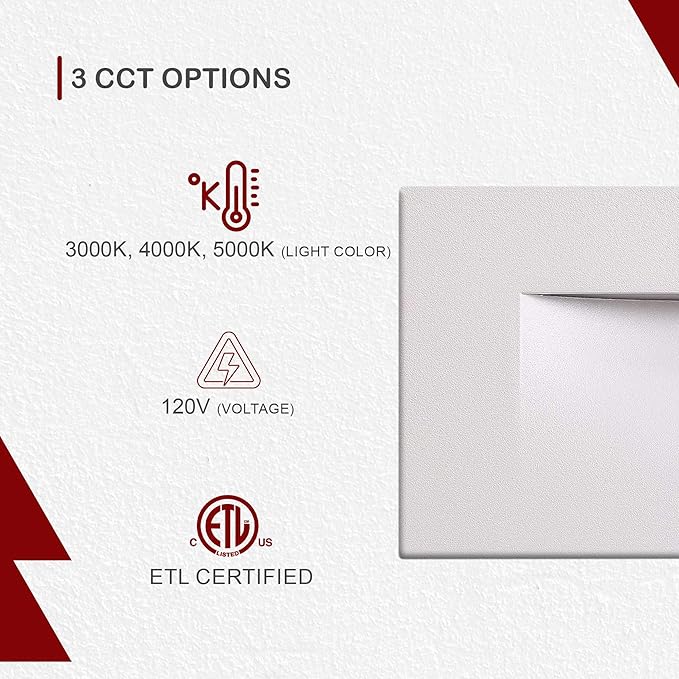 Ciata LED Stair Lights - 3 CCT Options (3000K/4000K/5000K) | 3 Watt Step Lights for Indoor and Outdoor Stairs | Ideal for Home Theater and Outdoor Stairway Lighting | White Finish, Horizontal