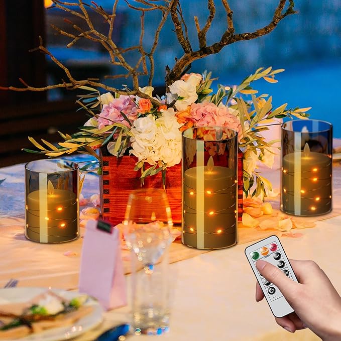 Wondise Flameless Flickering Candles with Embedded Star String Lights, Battery Operated with Moving Wick Acrylic LED Candles with Remote for Home, Wedding, Halloween, Christmas Decor