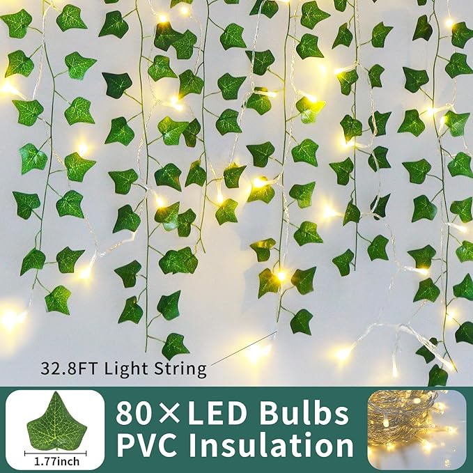Fake Vines for Room Decor(12 Pack 84 FT),with CE Certified 80 LED String Lights,Artificial Plant Ivy for Aesthetic Home Bedroom Wall Wedding Party Office Patio Indoor, Outdoor Garden Décor