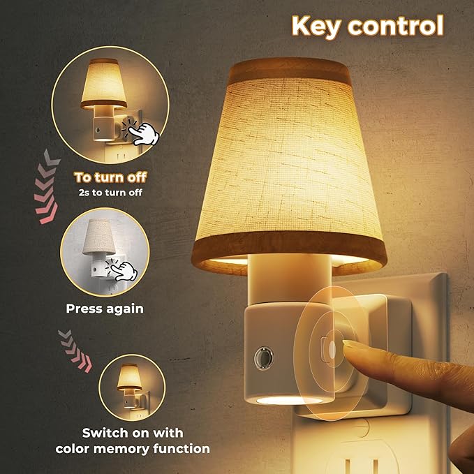 L LOHAS LED Night Lights Plug into Wall, Plug in Night Light Dimmable, Soft Warm Nightlight with Light Sensor, Rotatable Base, Vintage Linen Fabric Nightlights Plug in Wall for Bathroom Kitchen 2Pack