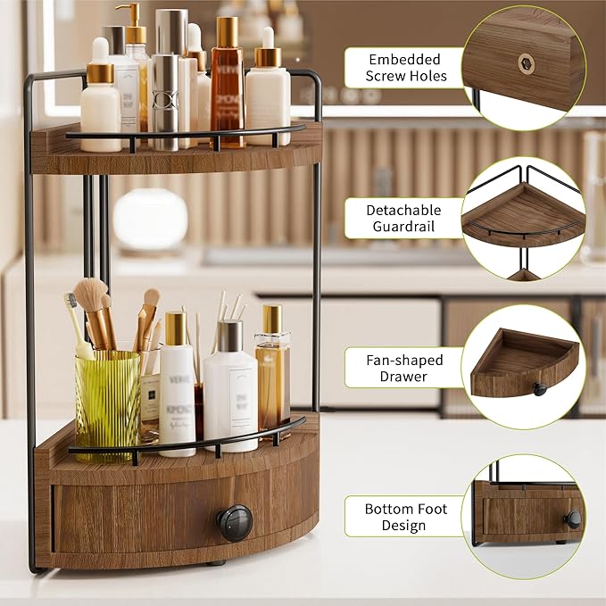2-Tier Corner Bathroom Countertop Organizer with Drawer, Wooden Vanity Organizers for Makeup and Skincare Storage, Corner Counter Shelf with Embedded Screw Holes, Dark Brown