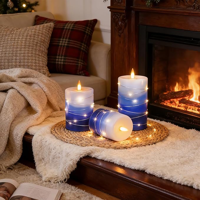 Flameless Candles with String Lights, Battery Operated Candles with Remote Control and Timer,Flickering LED Pillar Candles for Home Decoration,Real Wax, Gradient Blue (3-Pack)