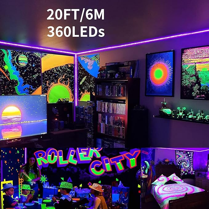 20FT Black Light Strip, 360 Lamp Beads, Flexible LED Blacklight Kit, 12V Blacklight Strips, Non-Waterproof for Indoor Decoration,Fluorescent Poster, Glow Party, Birthday, Wedding, Halloween