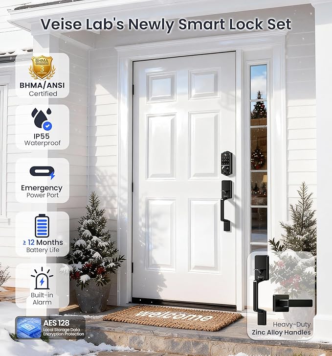 Veise VE017-D Smart Fingerprint Front Door Lock Set, App Control, 8-in-1 Keyless Entry Deadbolt with Lever Handle, Touchscreen Keypad, IP55 Weatherproof, Auto Lock, Easy Install, Matte Black