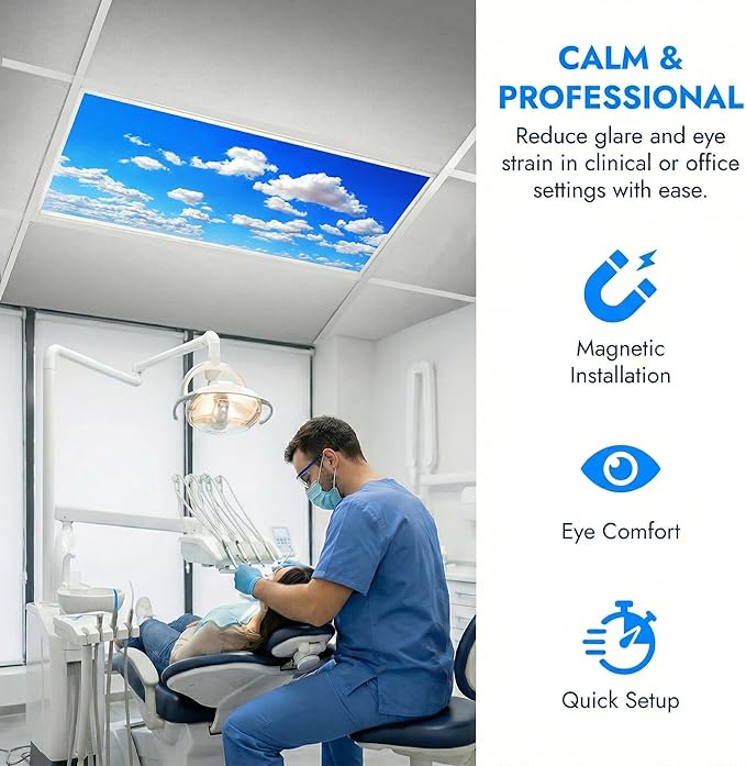 Fluorescent Light Covers for Ceiling Lights -Magnetic Cloud Cover for Fluorescent Or LED Fixture 2ft x 4ft Classroom,Home,Office Decoration Filters Overhead Lighting.Blue Sky and White Clouds