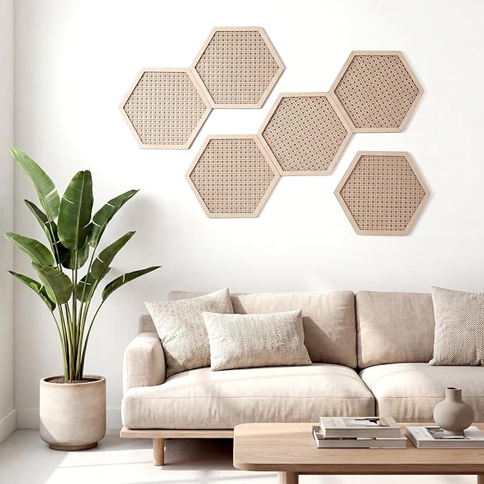 Ripeng 6 Pcs 11.8 Inch Boho Hexagon Wall Decor Farmhouse Wood Earthy Hexagon Wall Panels Modern Hollow Carved Design Rustic Abstract Decor for Living Room Kitchen Bedroom (Hollowed Style)
