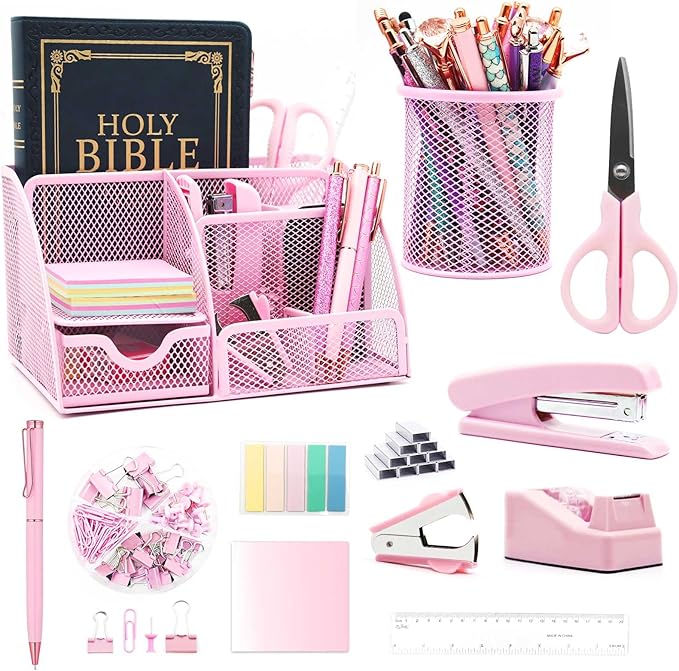 Pink Desk Organizers and Accessories,12pcs Office Desk Accessories Supplies,with Pen Holder, Tape Holder, Stapler, Scissors, Ruler, Staple Remover for Home & School, Office Supplies Gift for Women