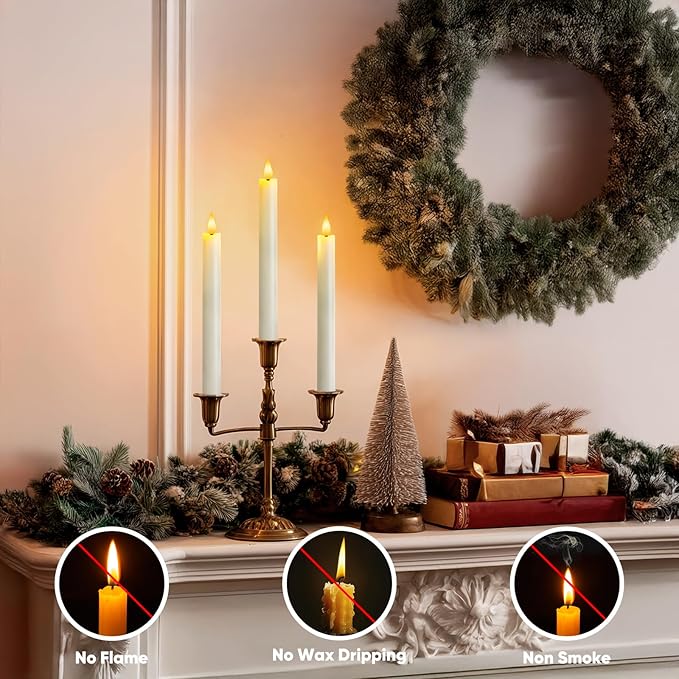 12 Pcs Flameless Taper Candles with Remote Timer, Battery Operated Window Candles, White Plastic LED Candlesticks, for Wedding Halloween Christmas Church Decor, 9.6 inches